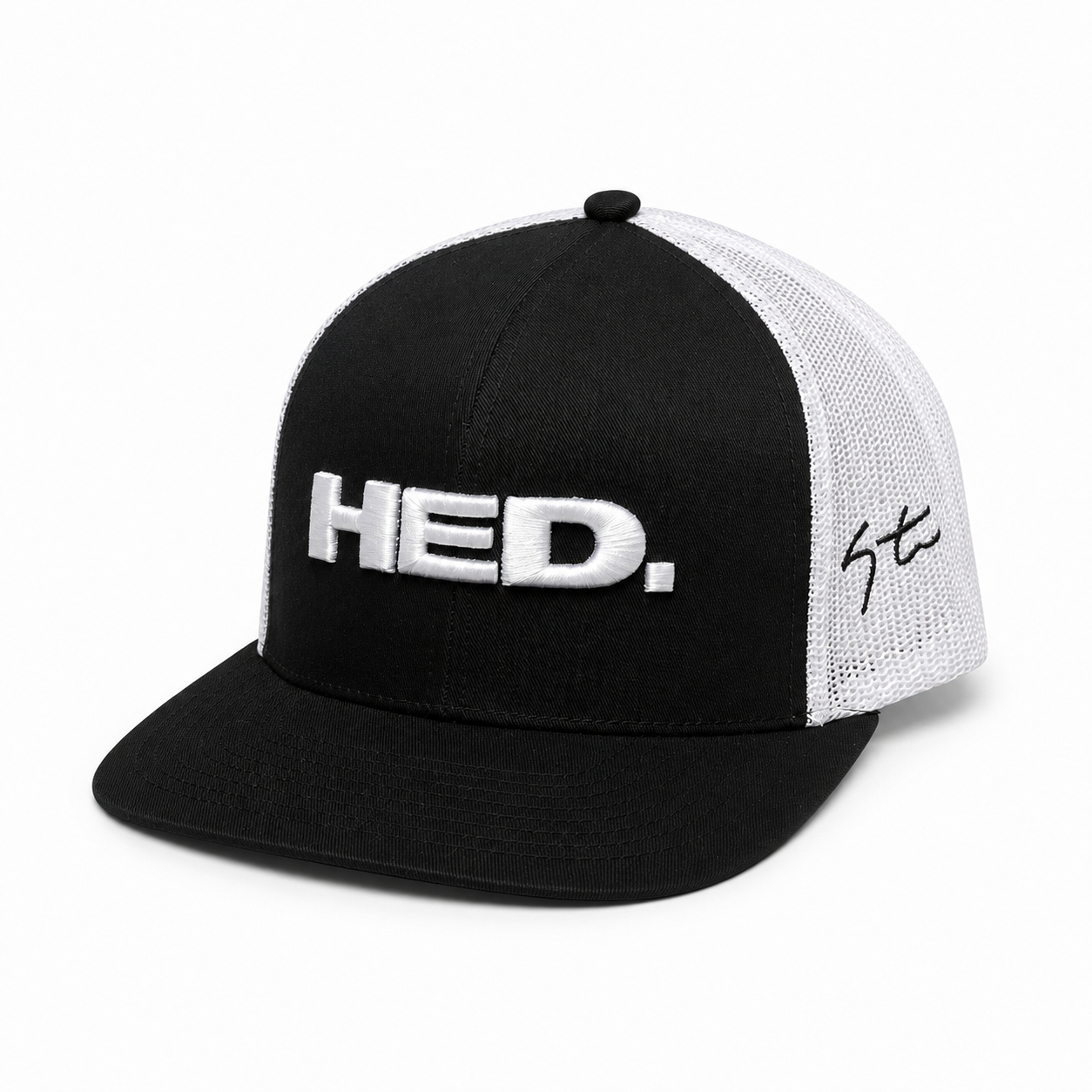 The HED. Trucker Snapback Hat – Black & White is an adjustable trucker snapback hat with HED. embroidered in large white letters on the front and a signature detail on the side of its white mesh back.